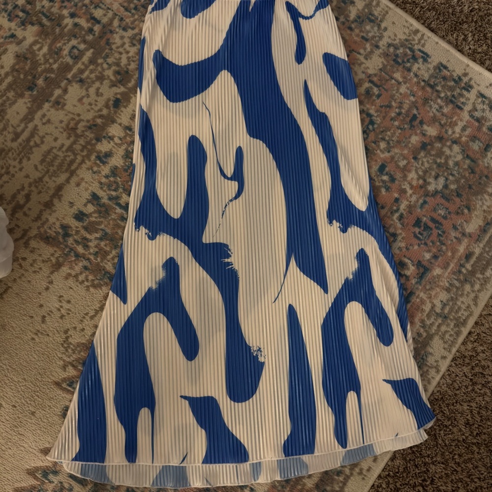 Blue and White Pleated Midi Skirt